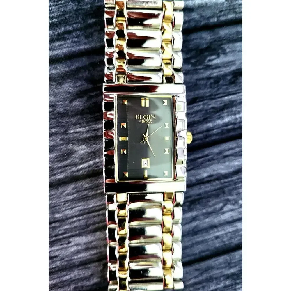 Very Rare Vintage Elgin Swiss‎  2 Tone Mens Retro Tank Watch